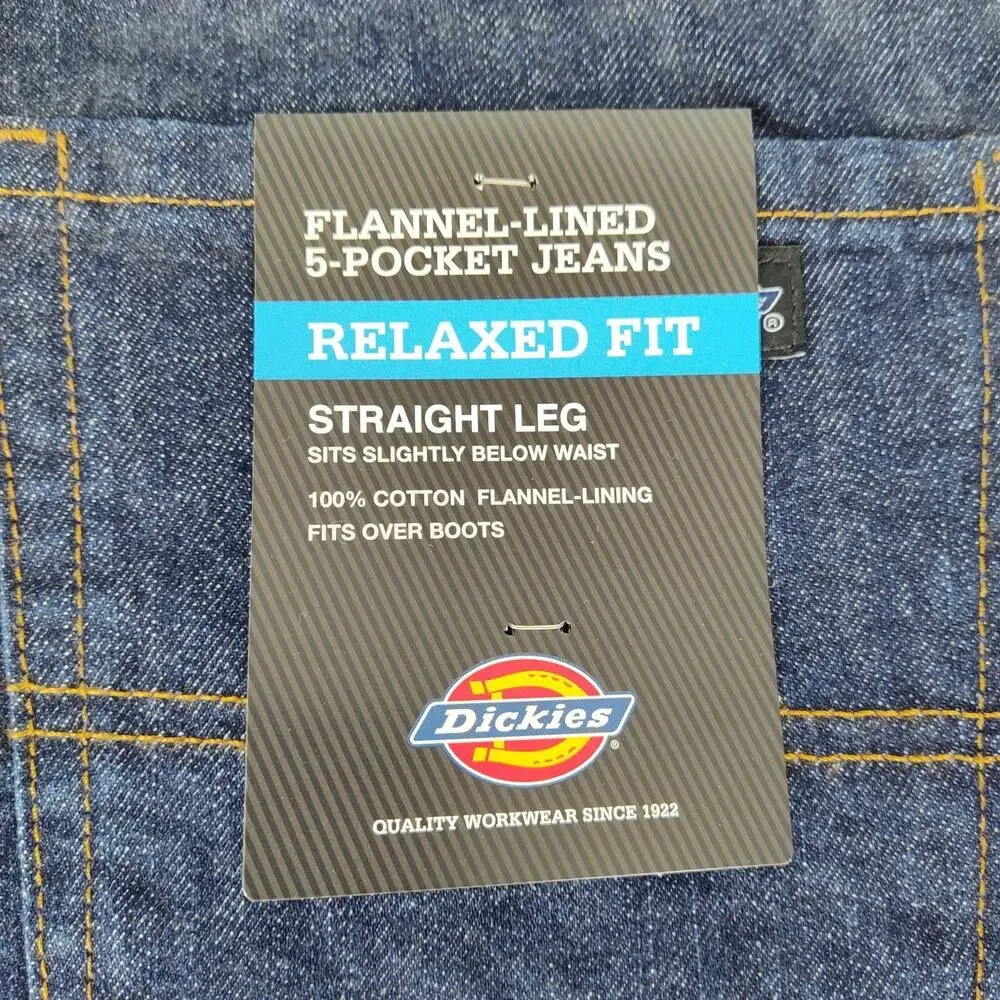 Dickies Flannel Lined Relaxed Fit Straight Leg Jeans 5-Pocket Dark Wash Blue NWT - Picture 3 of 11